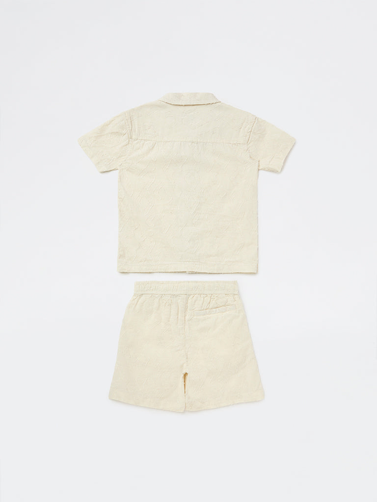 HOP Kids Boys Off-White Cotton Shirt with Shorts Set