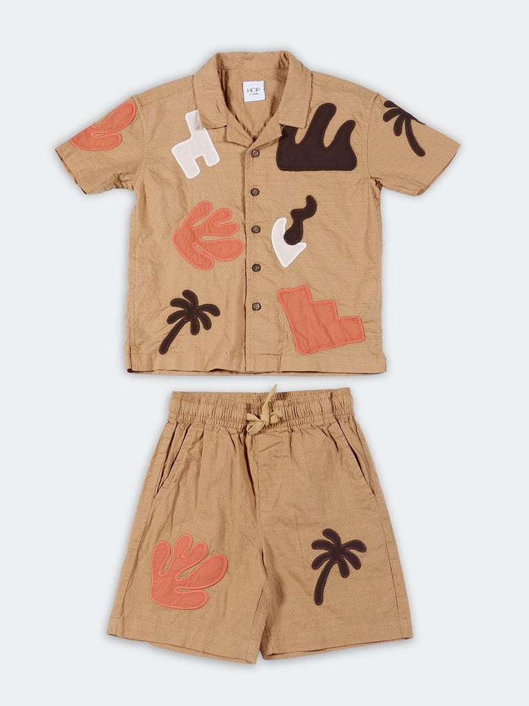 HOP Kids Boys Light Taupe Applique Cotton Shirt and Shorts Set