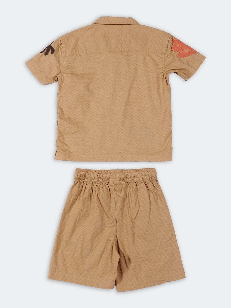 HOP Kids Boys Light Taupe Applique Cotton Shirt and Shorts Set