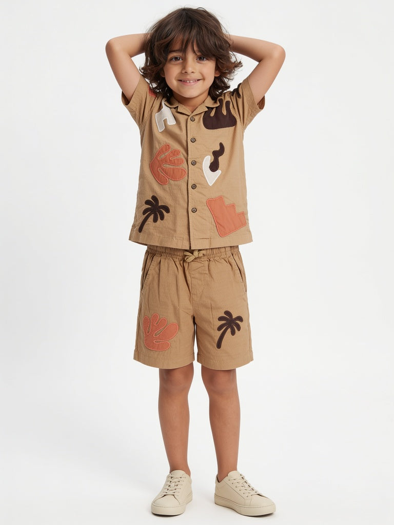 HOP Kids Boys Light Taupe Applique Cotton Shirt and Shorts Set
