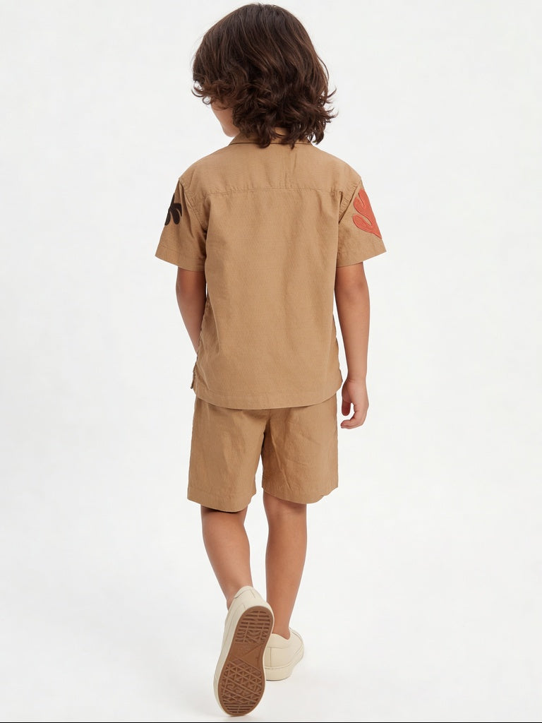 HOP Kids Boys Light Taupe Applique Cotton Shirt and Shorts Set