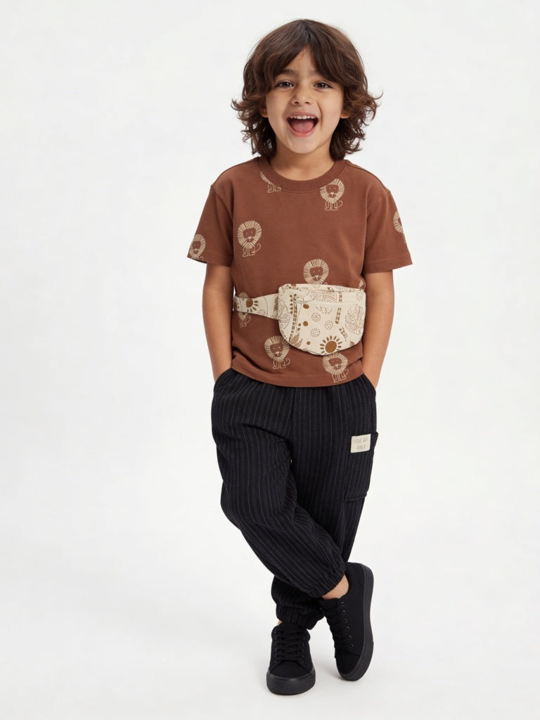 HOP Kids Boys Brown Graphic Printed Cotton T-Shirt