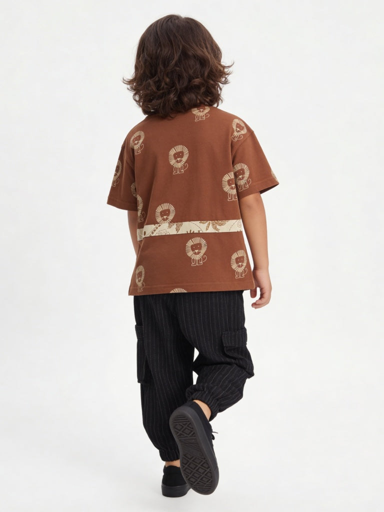 HOP Kids Boys Brown Graphic Printed Cotton T-Shirt