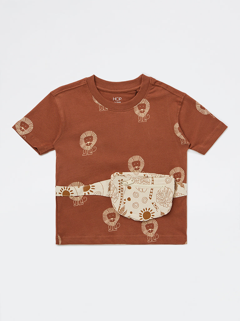 HOP Kids Boys Brown Graphic Printed Cotton T-Shirt