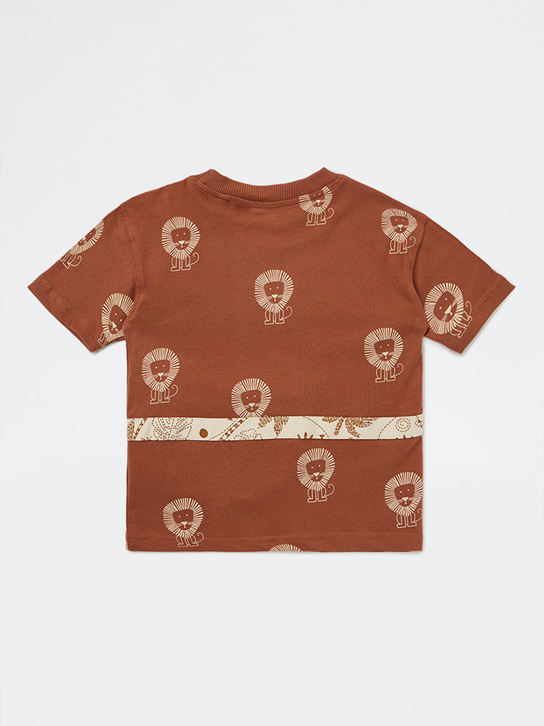 HOP Kids Boys Brown Graphic Printed Cotton T-Shirt