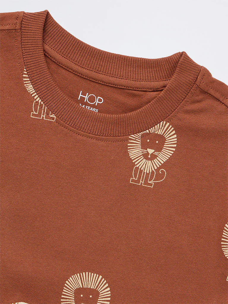 HOP Kids Boys Brown Graphic Printed Cotton T-Shirt