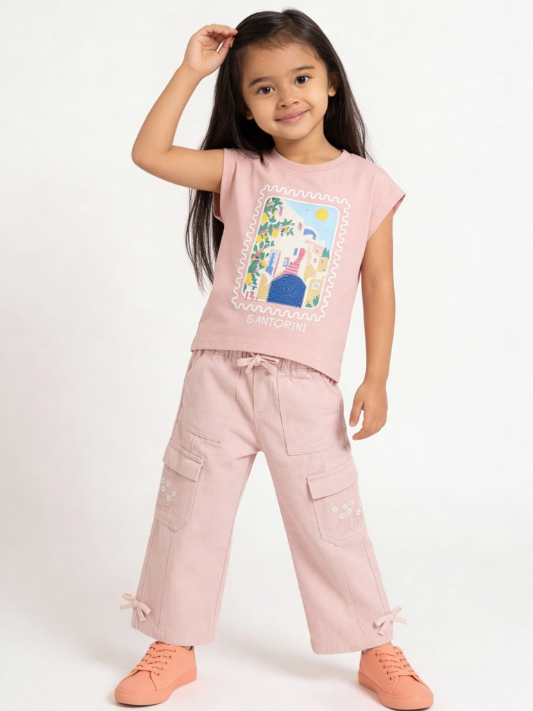HOP Kids Girls Pink Scenic-Printed Cotton T-Shirt