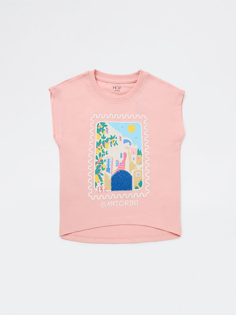 HOP Kids Girls Pink Scenic-Printed Cotton T-Shirt
