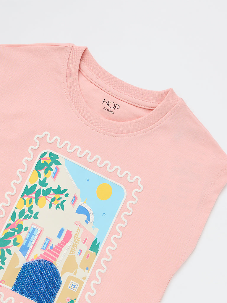 HOP Kids Girls Pink Scenic-Printed Cotton T-Shirt