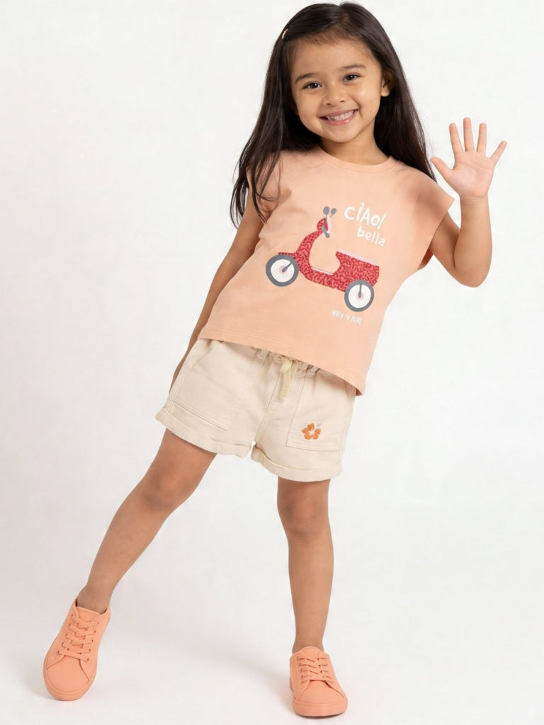 HOP Kids Girls Coral Graphic Design Cotton T-Shirt