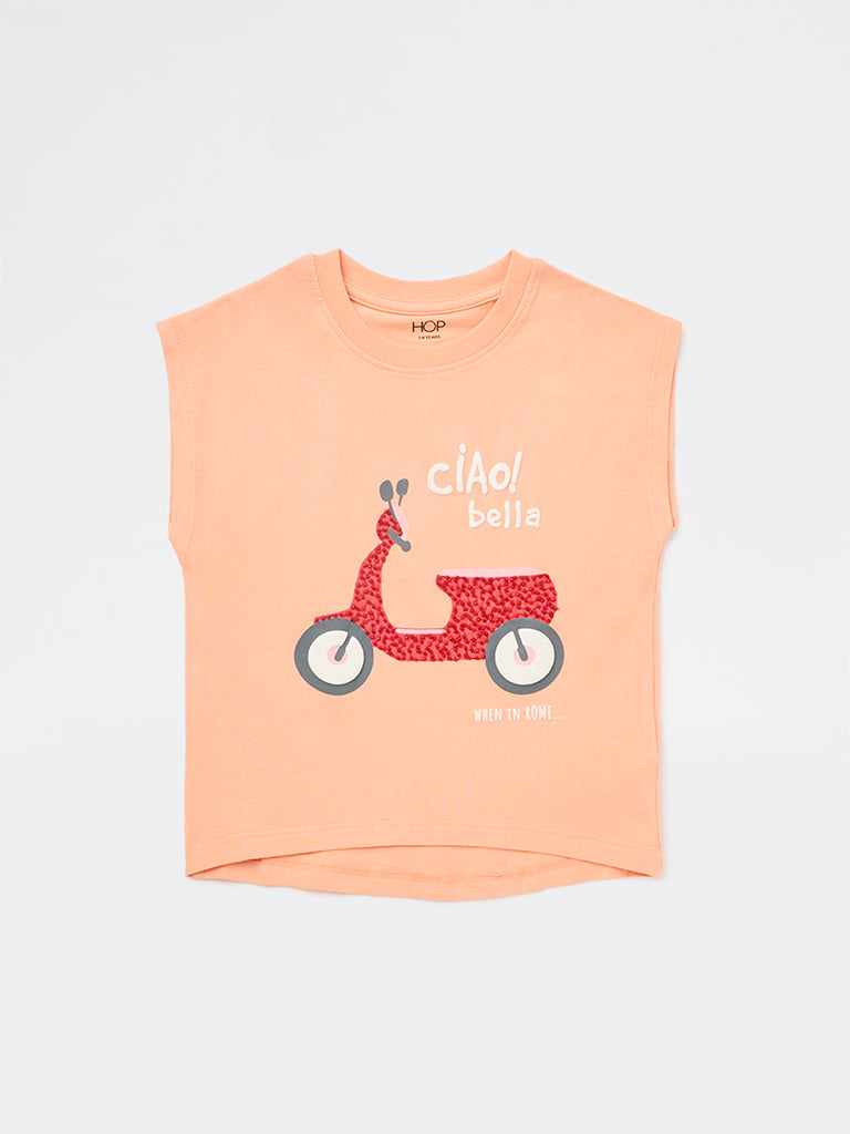 HOP Kids Girls Coral Graphic Design Cotton T-Shirt