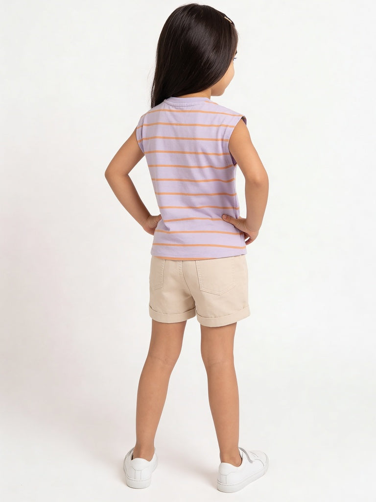 HOP Kids Girls Lilac Striped Cotton T-Shirt
