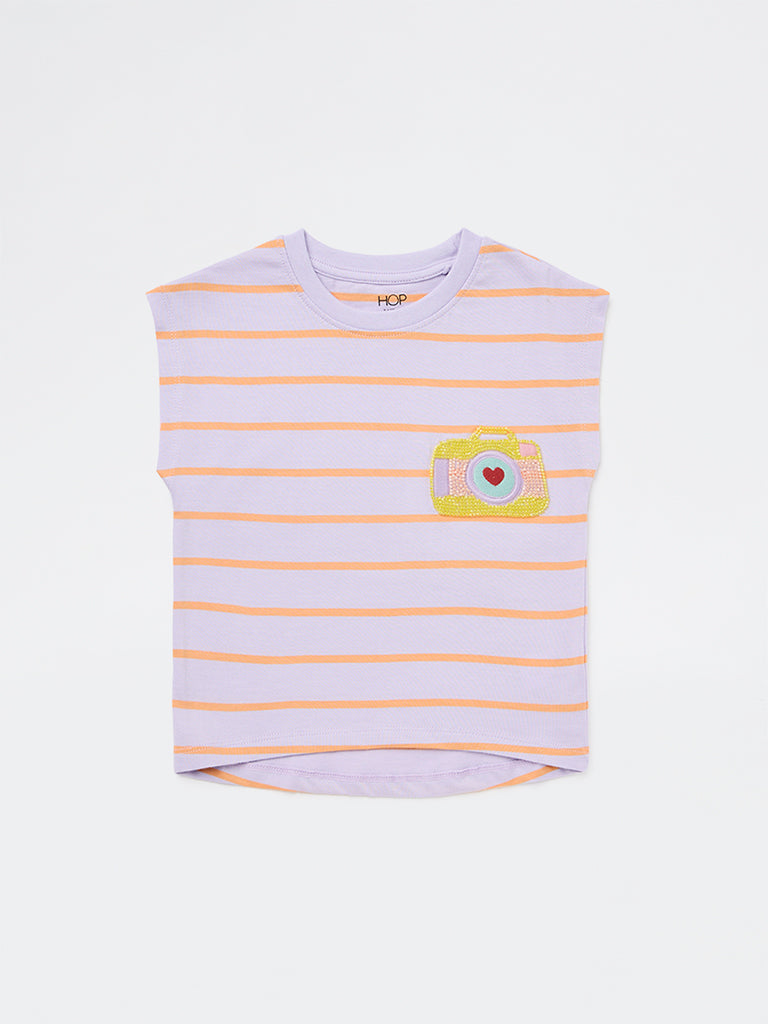 HOP Kids Girls Lilac Striped Cotton T-Shirt