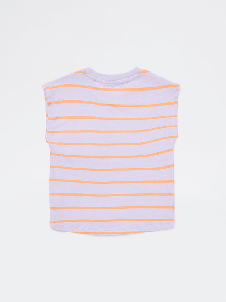 HOP Kids Girls Lilac Striped Cotton T-Shirt