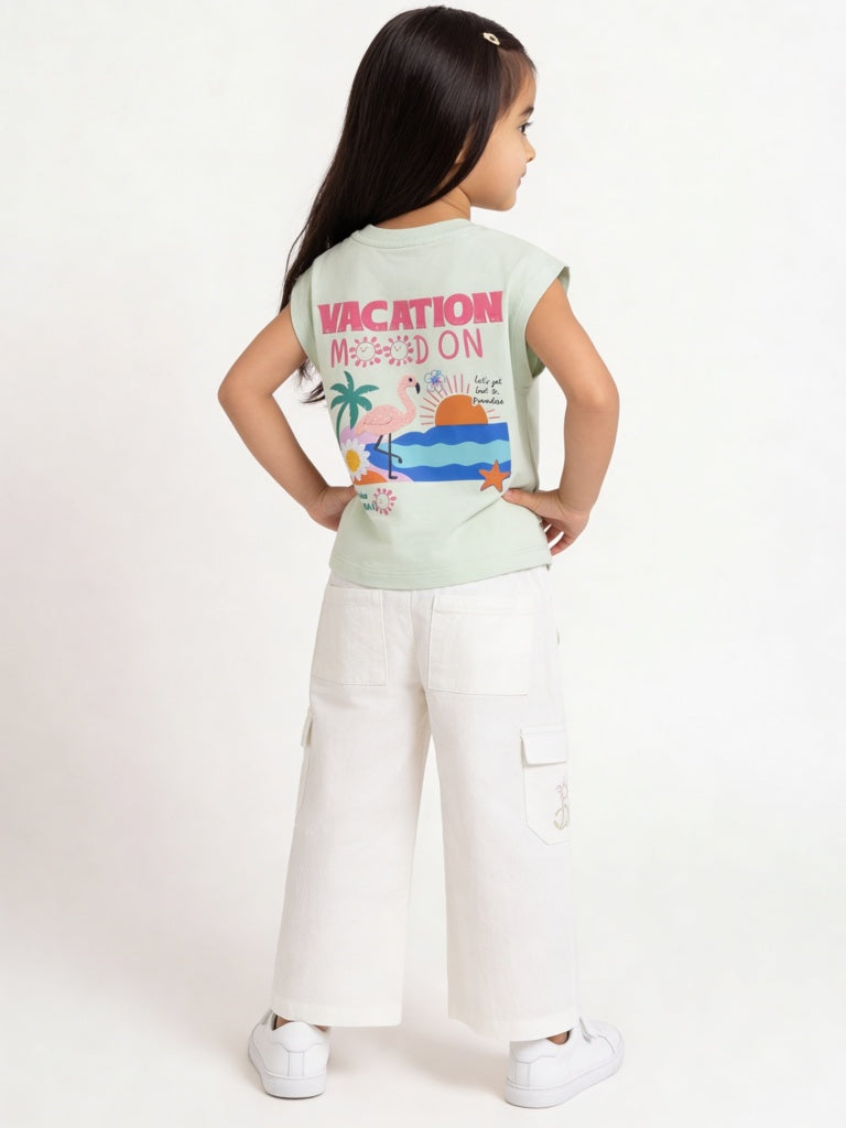HOP Kids Girls Light Sage Graphic Printed Cotton T-Shirt