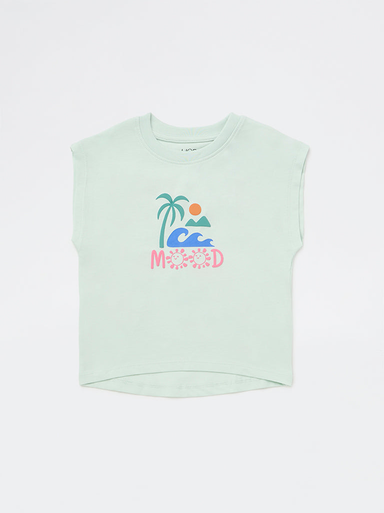 HOP Kids Girls Light Sage Graphic Printed Cotton T-Shirt