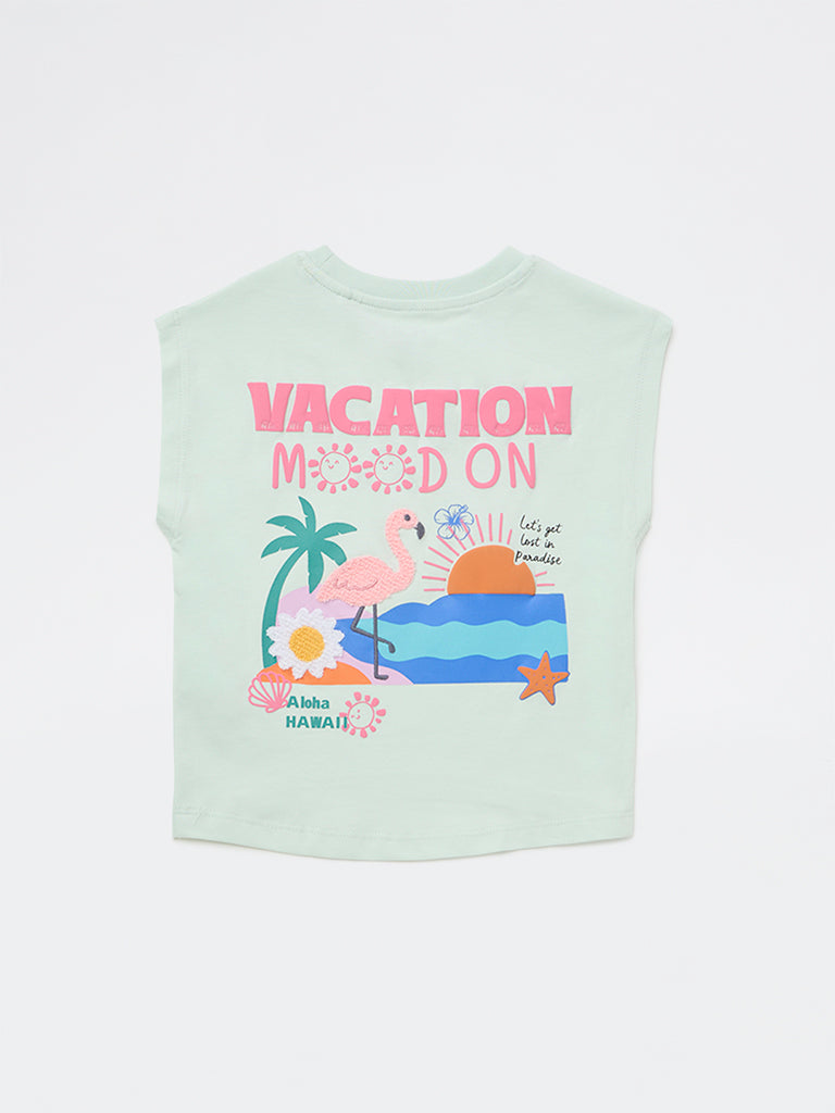 HOP Kids Girls Light Sage Graphic Printed Cotton T-Shirt