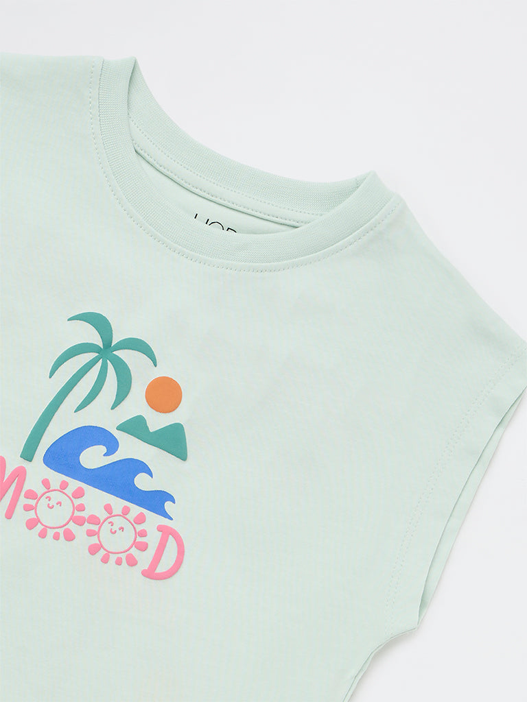 HOP Kids Girls Light Sage Graphic Printed Cotton T-Shirt