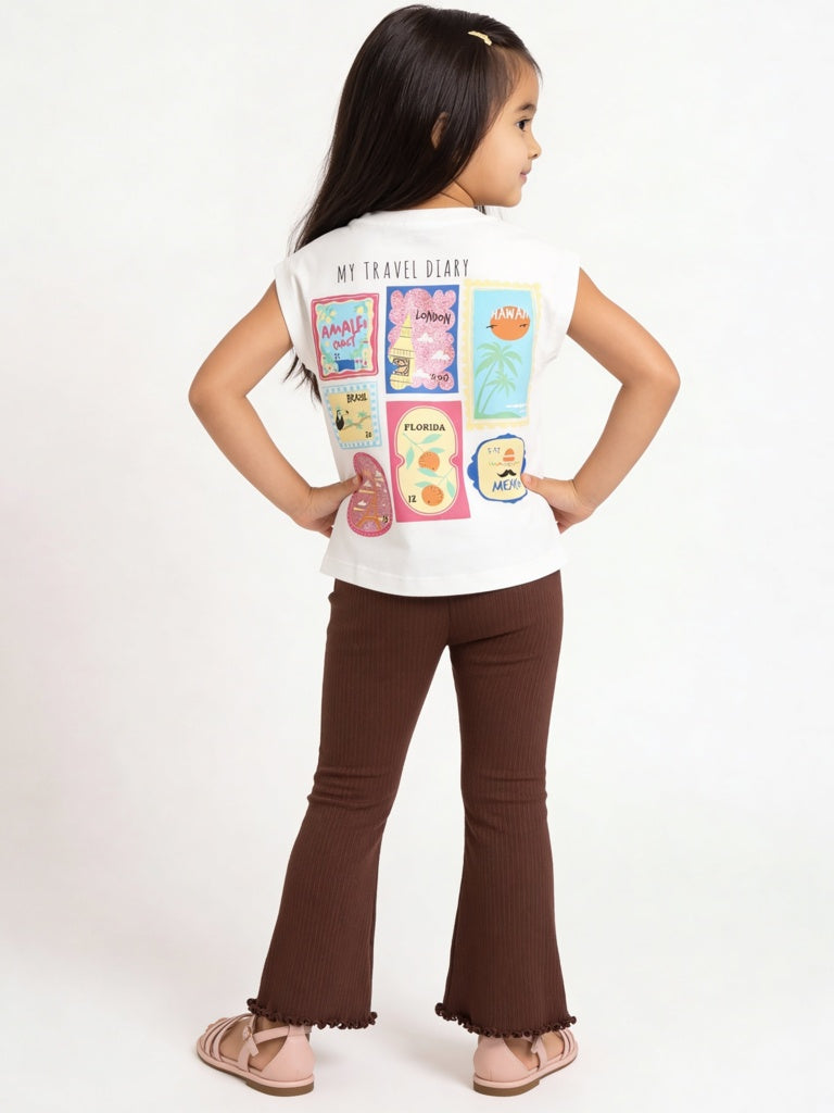 HOP Kids Girls Off-White Graphic Printed Cotton T-Shirt