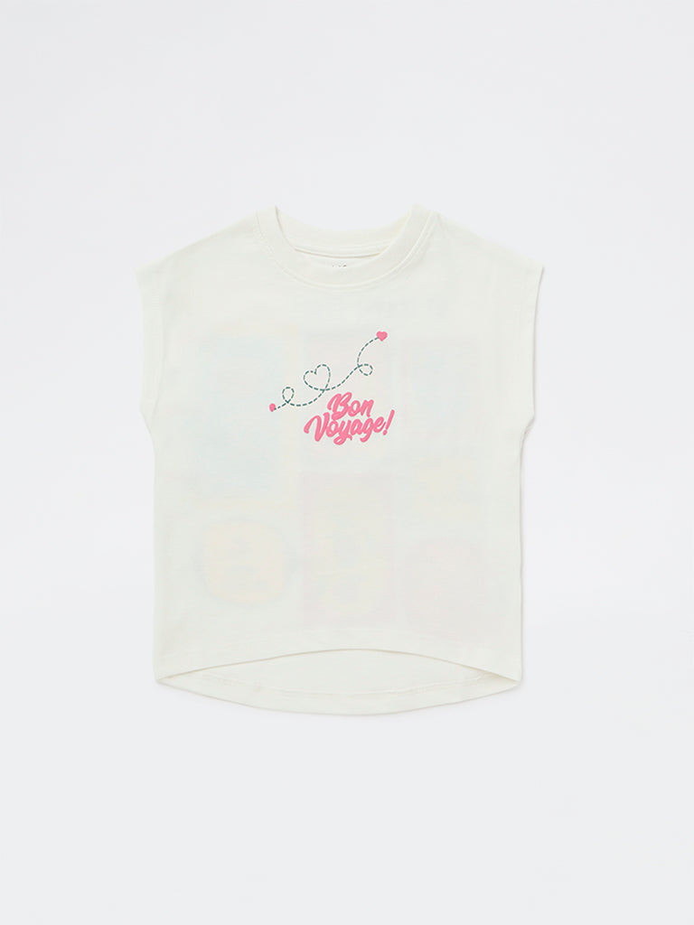 HOP Kids Girls Off-White Graphic Printed Cotton T-Shirt