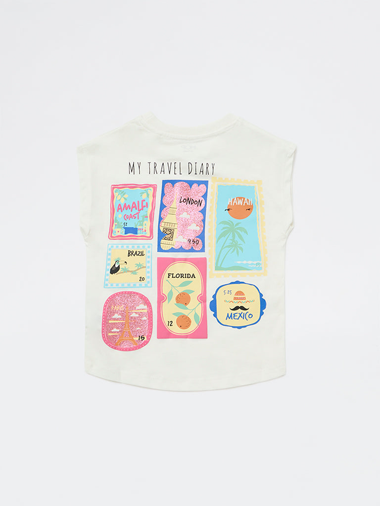 HOP Kids Girls Off-White Graphic Printed Cotton T-Shirt