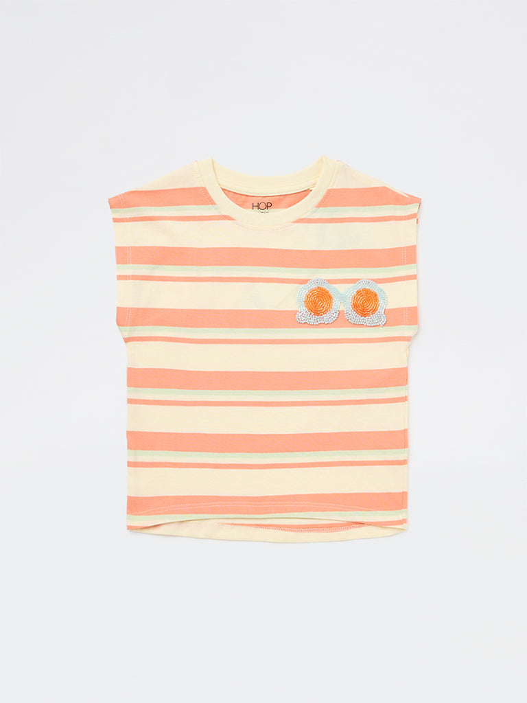 HOP Kids Girls Peach Striped Cotton T-Shirt