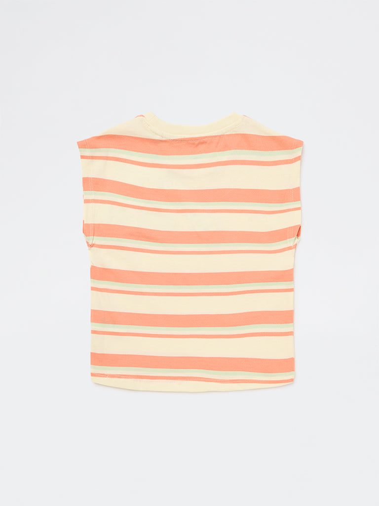 HOP Kids Girls Peach Striped Cotton T-Shirt