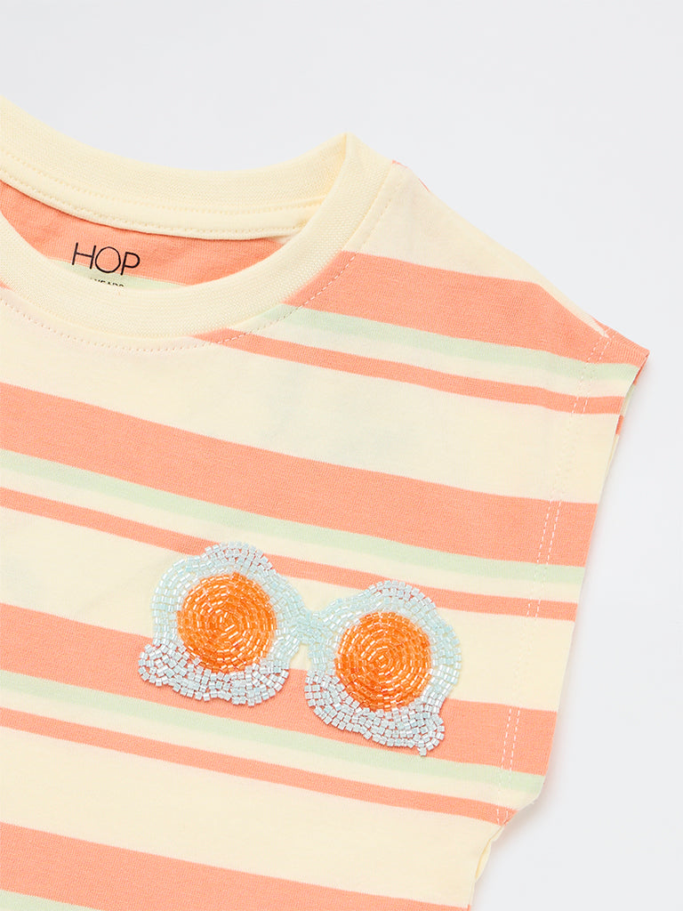 HOP Kids Girls Peach Striped Cotton T-Shirt
