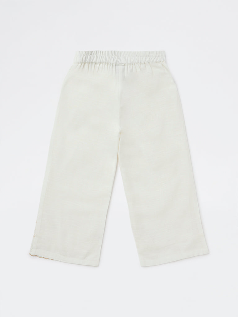 HOP Kids Girls Off-White Floral Embroidered High-Rise Pants