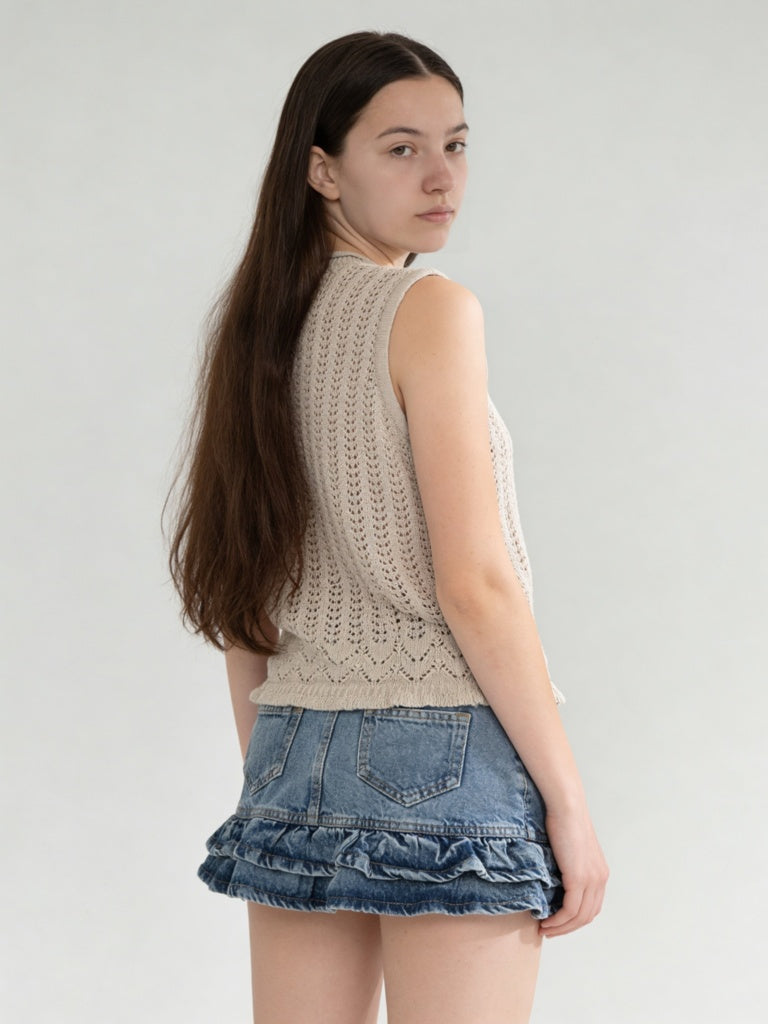 Girls Beige Printed Cotton Top