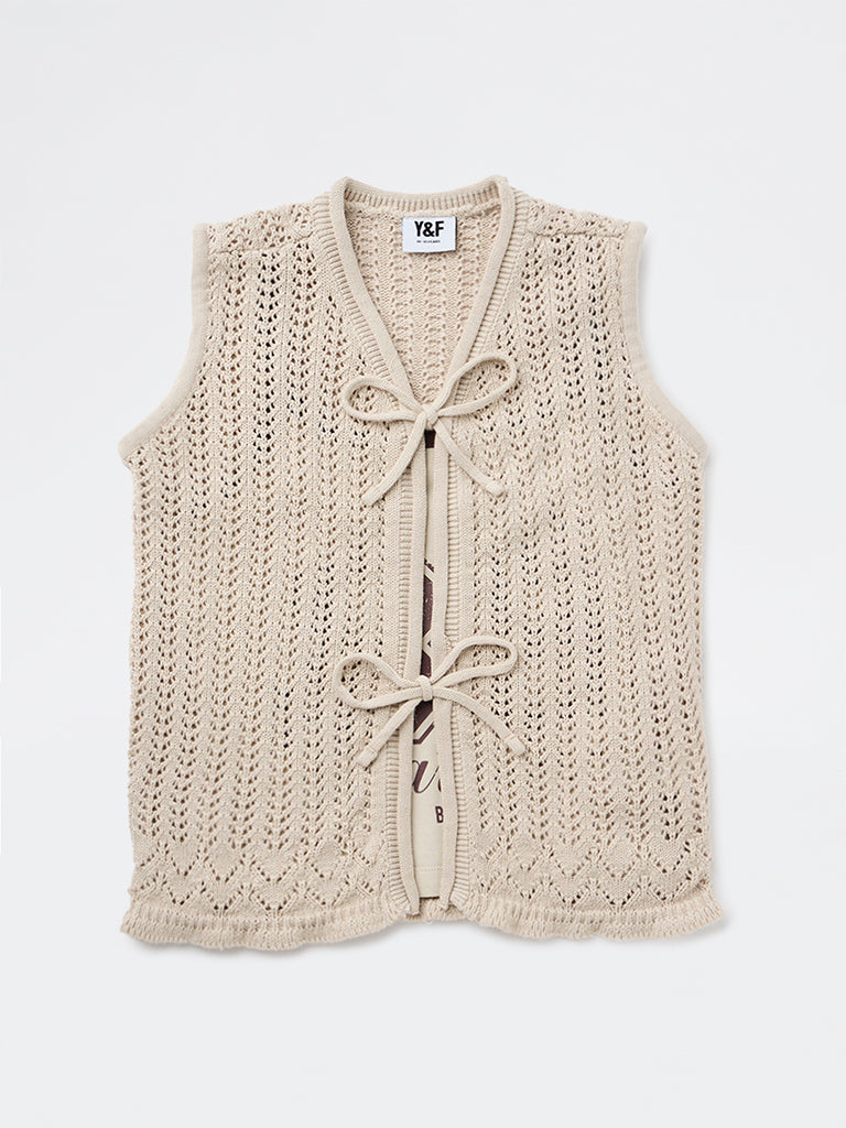 Girls Beige Printed Cotton Top
