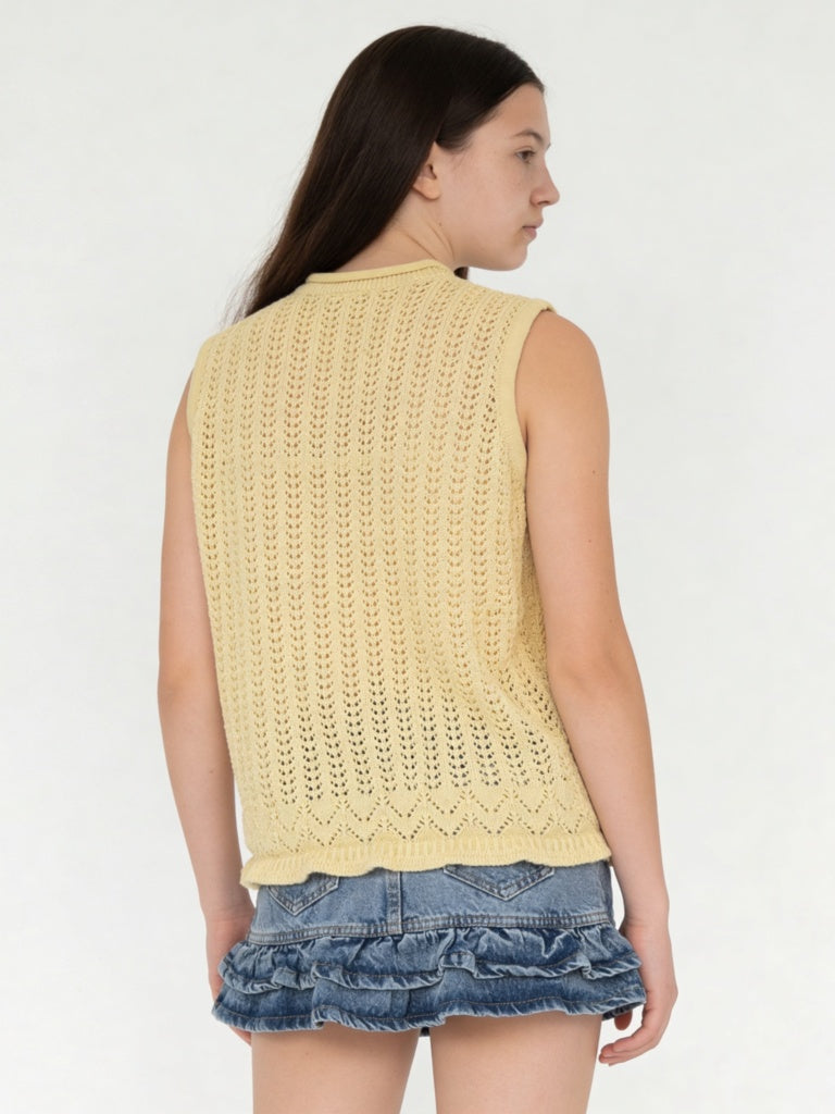 Girls Yellow Crochet-Knit Cotton Top with Camisole