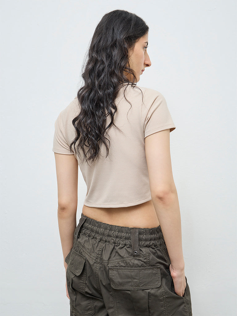 Nuon Beige Self-Striped Criss-Cross Detailed Cotton Top