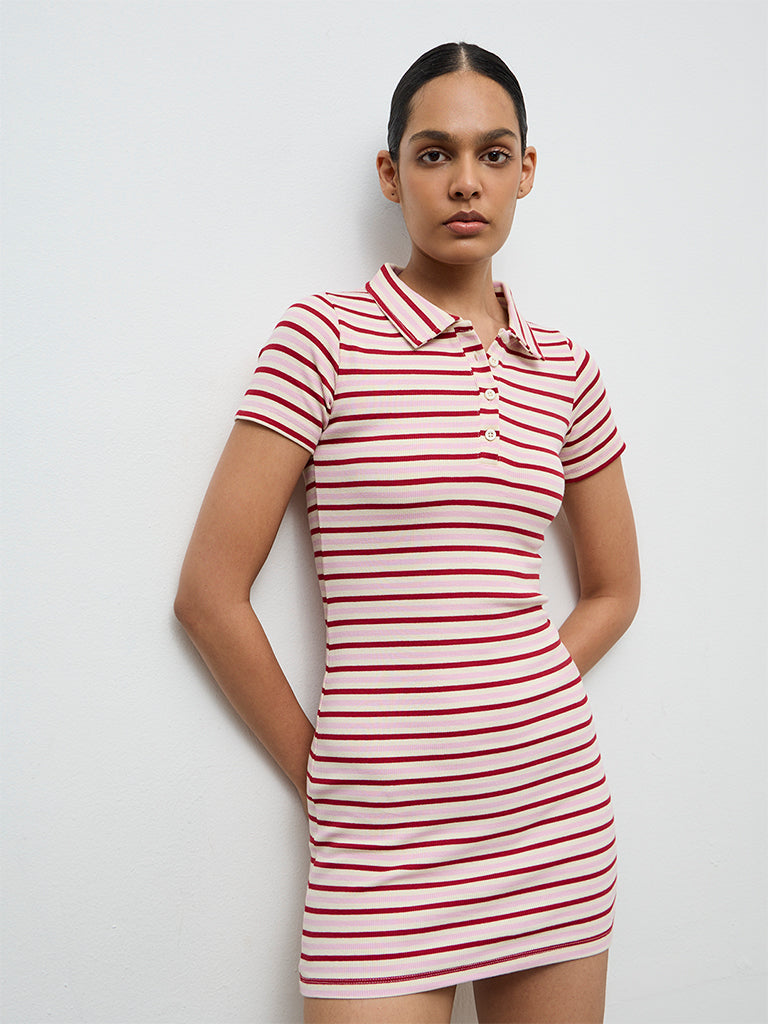 Buy Nuoflexx Pink Striped Cotton-Blend Bodycon Dress from Westside