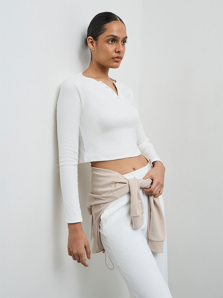 Nuoflexx White Ribbed Cotton-Blend Top