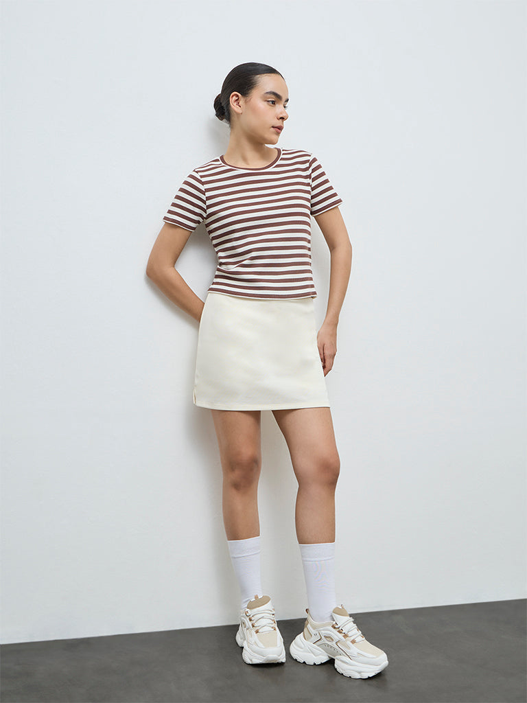 Nuoflexx Brown Striped Cotton-Blend T-Shirt