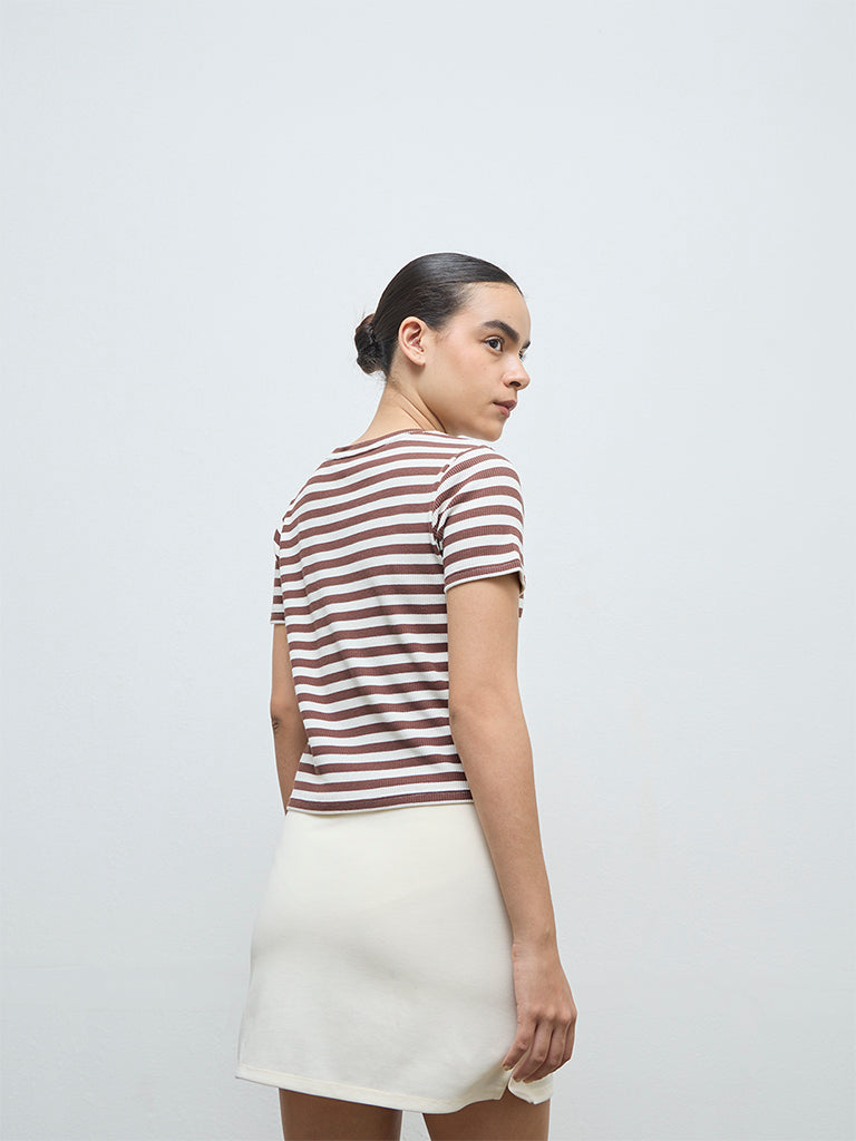 Nuoflexx Brown Striped Cotton-Blend T-Shirt