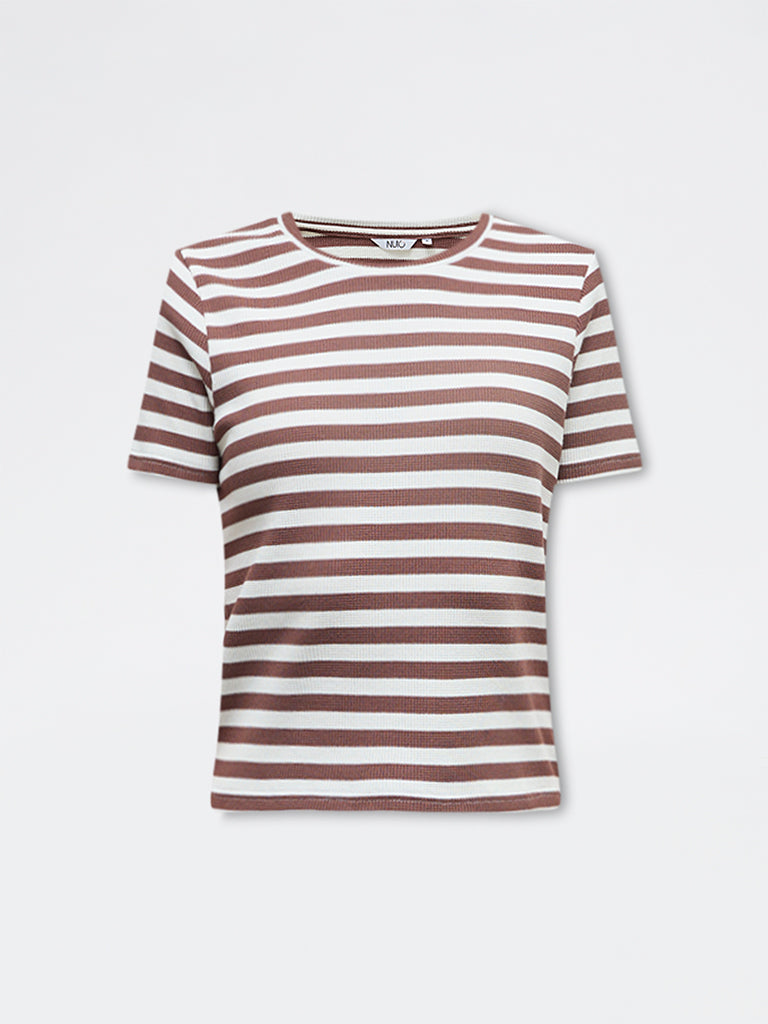 Nuoflexx Brown Striped Cotton-Blend T-Shirt