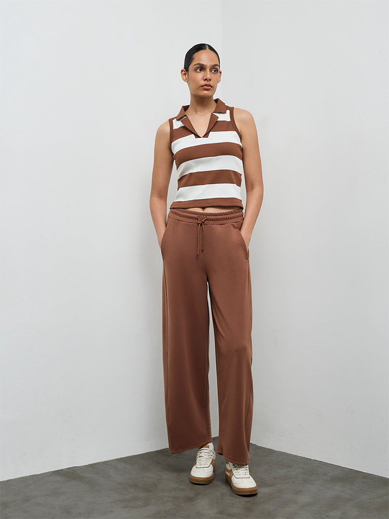 Nuoflexx Brown Striped Cotton-Blend Top