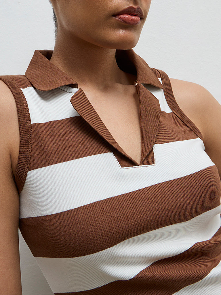 Nuoflexx Brown Striped Cotton-Blend Top