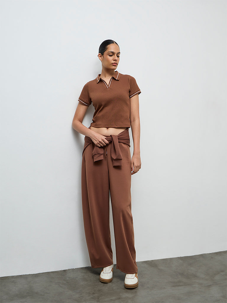Nuoflexx Brown Striped Cotton-Blend T-Shirt