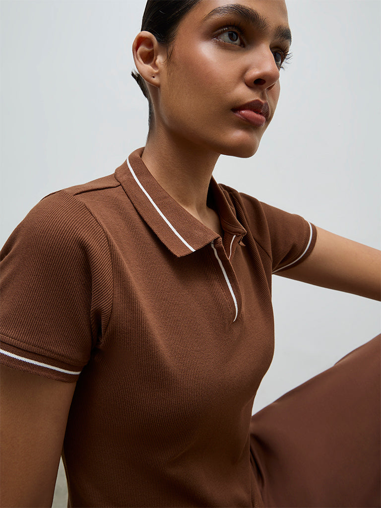 Nuoflexx Brown Striped Cotton-Blend T-Shirt
