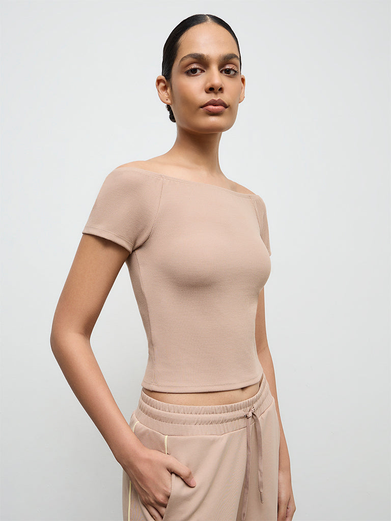 Nuoflexx Beige Ribbed Off-Shoulder Top