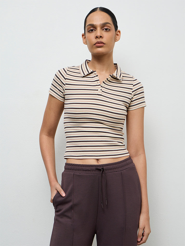 Nuoflexx Cream Striped Cotton-Blend T-Shirt