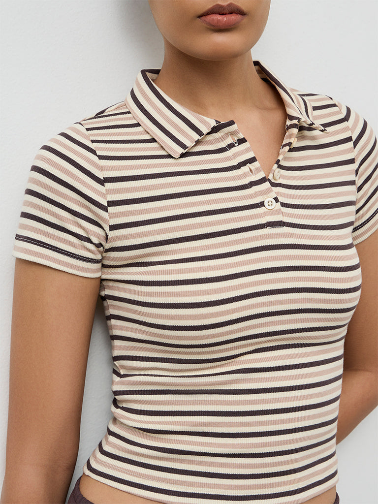 Nuoflexx Cream Striped Cotton-Blend T-Shirt