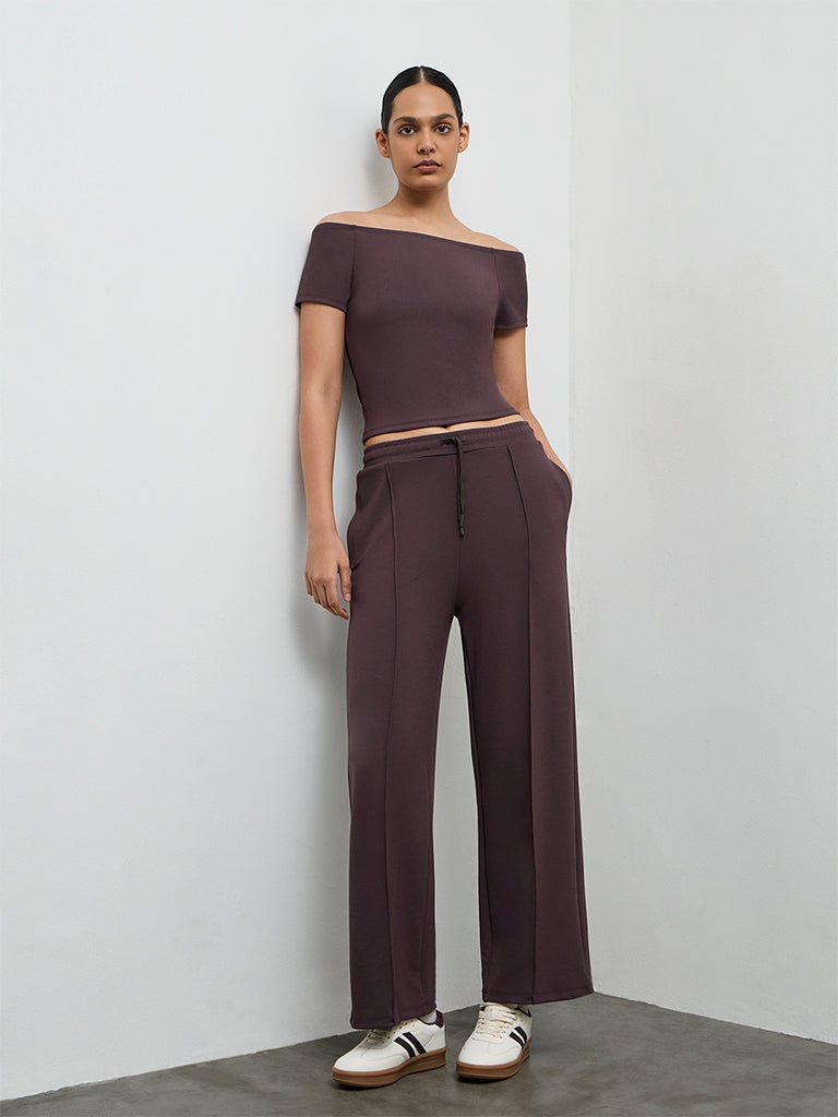 Nuoflexx Dark Brown Ribbed Off-Shoulder Top