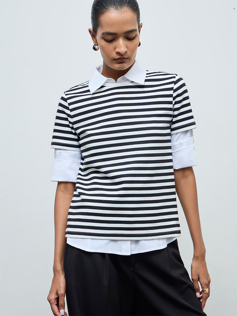 Wardrobe Black Striped Cotton-Blend T-Shirt