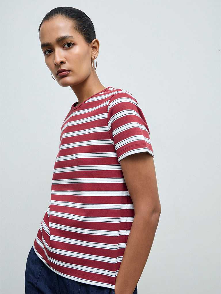 Wardrobe Burgundy Striped Cotton-Blend T-Shirt