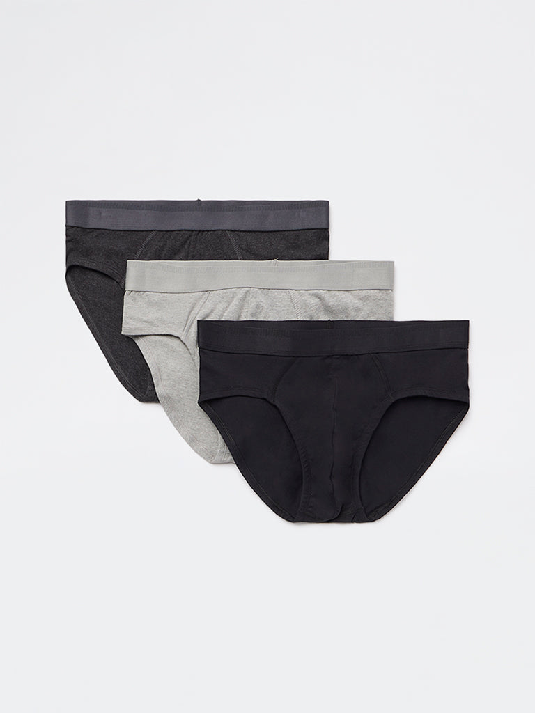 WES Lounge Grey Relaxed-Fit Cotton-Blend Briefs - Pack of 3