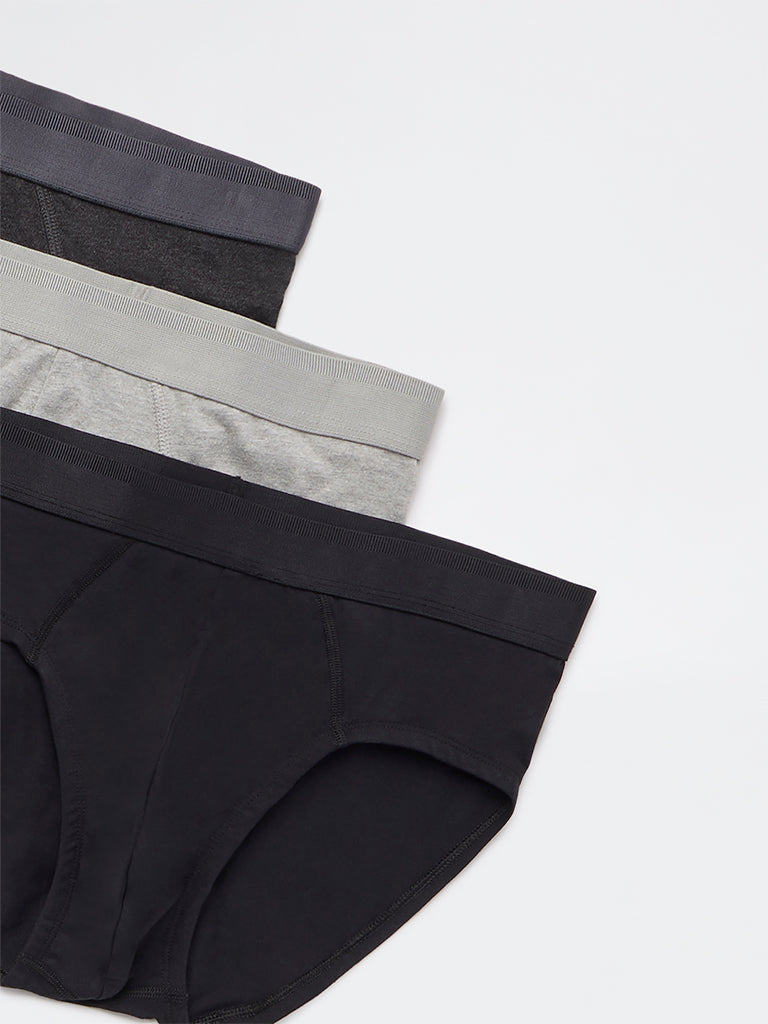 WES Lounge Grey Relaxed-Fit Cotton-Blend Briefs - Pack of 3